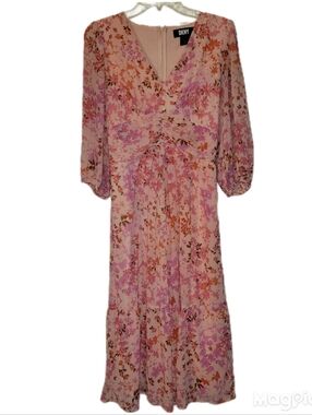 DKNY Peachy Sheer Pink Floral V-Neck Midi Dress 2 Lined Tiered Southern Belle